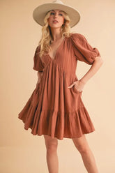 Tied Back Ruffled Short Sleeve Mini Dress OutfitFlow
